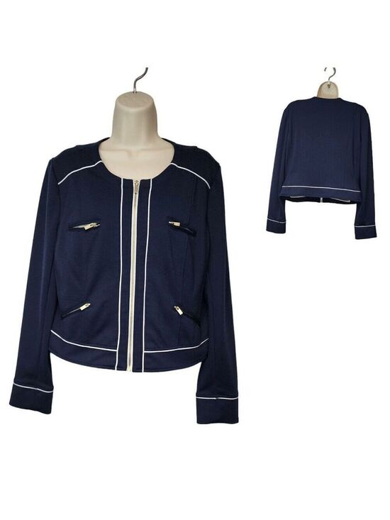 Katherine New York Jackets & Blazers - Katherine New York Round Neck Navy Blue White Striped Full Zip Jacket Blazer 12
